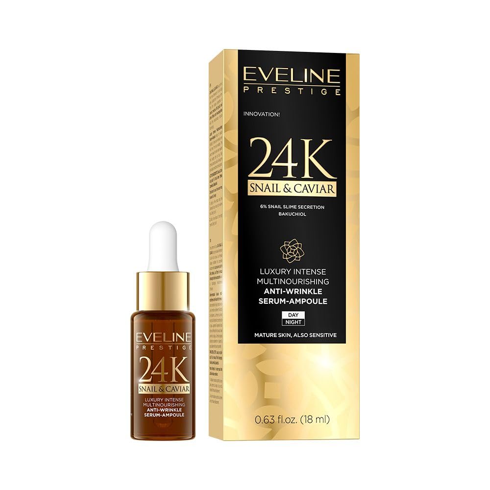 Eveline Cosmetics Prestige 24K Luxury Multi-Nourishing Anti-Aging Serum Ampoule with Colloidal Gold, Bakuchiol & Snail Mucus 18ml