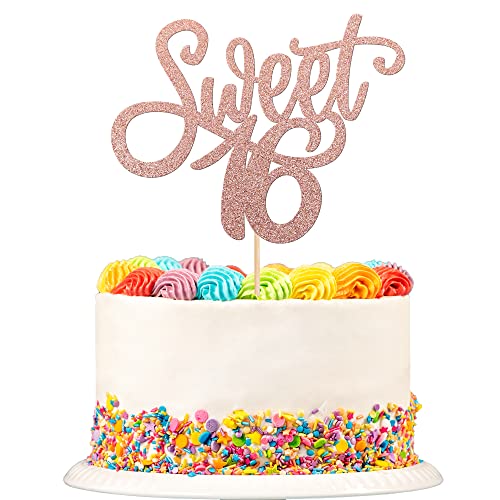 1 PCS Happy 16th Birthday Cake Topper Glitter Hello 16 Sixteen Sweet 16 Cake Pick for Cheers to 16 Years Happy 16th Birthday Anniversary Theme Party Cake Decorations Supplies Rose Gold