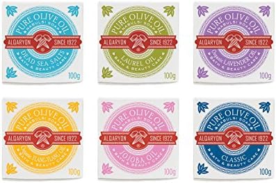 Assorted Pack of 6x100g: Pure Olive Oil Bar Soaps, Bath & Body Wash, Pack of 6 Bars 100g (Classic, Jojoba, Ylang-Ylang, Lavender, DeadSeaSalts, Laurel)