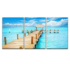3 Piece Canvas Wall Art - Beautiful Scenery/Landscape Vacation in Tropic Paradise Jetty on Isla Mujeres, Mexico - Modern Home Art Stretched and Framed Ready to Hang - 16"x24"x3 Panels