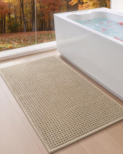 Color&Geometry Beige Chenille Bathroom Rugs 44x75 cm- Non Slip, Absorbent, Quick Dry, Washable Bathmat Fit Under Door, Thin Bath Mats for Washroom Floor, Woven Shower Mat Outside Shower