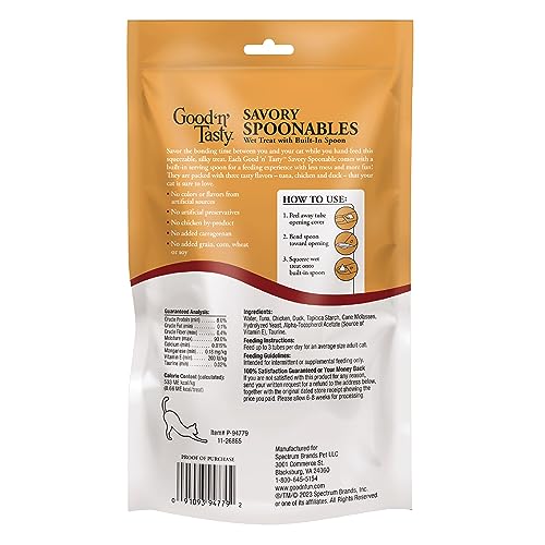 GOOD ‘N’ TASTY SAVORY SPOONABLES WITH REAL TUNA, CHICKEN AND DUCK FOR CATS, 10 COUNT, TREAT YOUR CAT TO TRIPLE FLAVOR SQUEEZABLE LICKABLE WET TREATS WITH BUILT-IN SPOON FOR LESS MESS