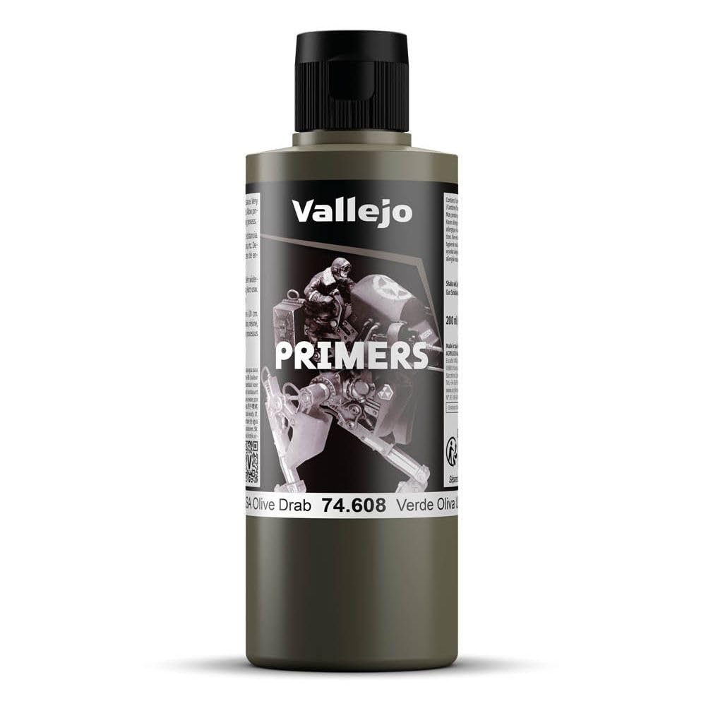 Vallejo Acrylic Primer Olive Drab, Fast-Drying 200ml for Airbrush, Ideal for Modeling and Miniatures, Smooth Finish, Easy Application — image 1