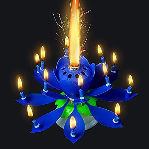 Music Birthday Candle Two Layers with 14 Small Candles Amazing Musical Lotus Flower Rotating Happy Birthday Party Candle Lamp by Abby Queen (2, 2 Blue)