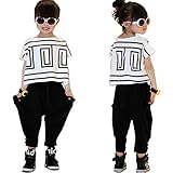 Girls' Summer 2PCS Clothing Set Short-Sleeve Top and Black Harem Pants