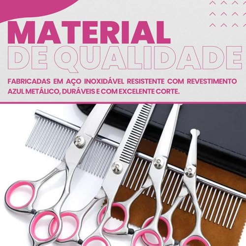 Kit Tesoura de Tosa para Cães e Gatos - Ponta Arredondada Segura para Pet - Tesoura de Tosa Ergonômica e Afiada de Aço Inox para Cortar Pelos de Animais - UpShop (Prata e Rosa)