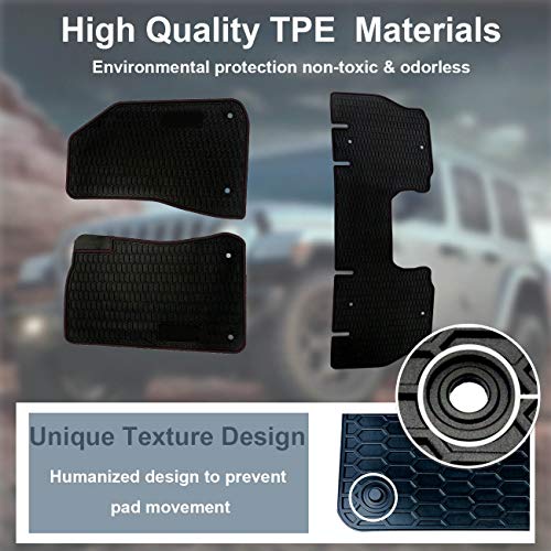 Unique Black Red TPE All-Weather Protector Slush Mat Front and Rear Row Heavy Duty Rubber Liner Set Vehicle Carpet Custom Floor Mats, for Jeep Wrangler JL 2018 2019 4-Door Floor Liners,Odorless