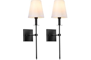 SANGFOR Wall Sconces Set of Two Black,2 Hardwired Wall Lights with White Fabric Shades,Hardwired Wall Lamp,Wall Lights for Bedroom,2 Sconces Wall Lighting for Living Room,Bedroom,Bathroom,Hallway(No Bulb)