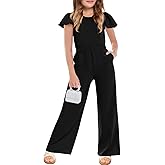 Haloumoning Girls Jumpsuit Kids Fashion Ruffle Cap Sleeve Wide Leg Rompers One Piece Outfits with Pockets