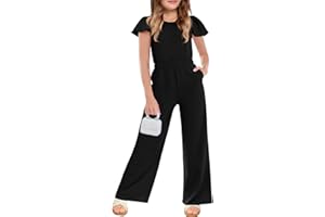Haloumoning Girls Jumpsuit Kids Fashion Ruffle Cap Sleeve Wide Leg Rompers One Piece Outfits with Pockets