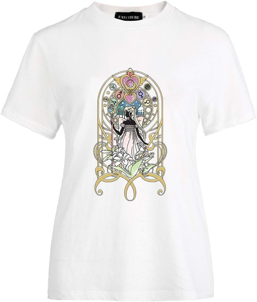 Provone Women's Sailor Moon T-Shirts Japaness Anime Cute Cartoon Girls Characters Graohic O-Neck Tee Tops