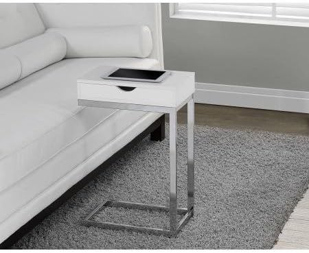 Center Console Table,Small Accent,With A Drawer,Chrome Metal / Glossy White