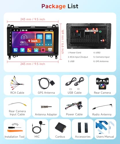 【2+64G】 Hodozzy Carplay Android Car Radio for Mercedes Benz B200 W169 W245 W639 W906 Sprinter B160 B170 Vito Viano, 9 Inch Touchsreen with Mirror Link/WiFi/GPS/RDS/FM/BT/USB