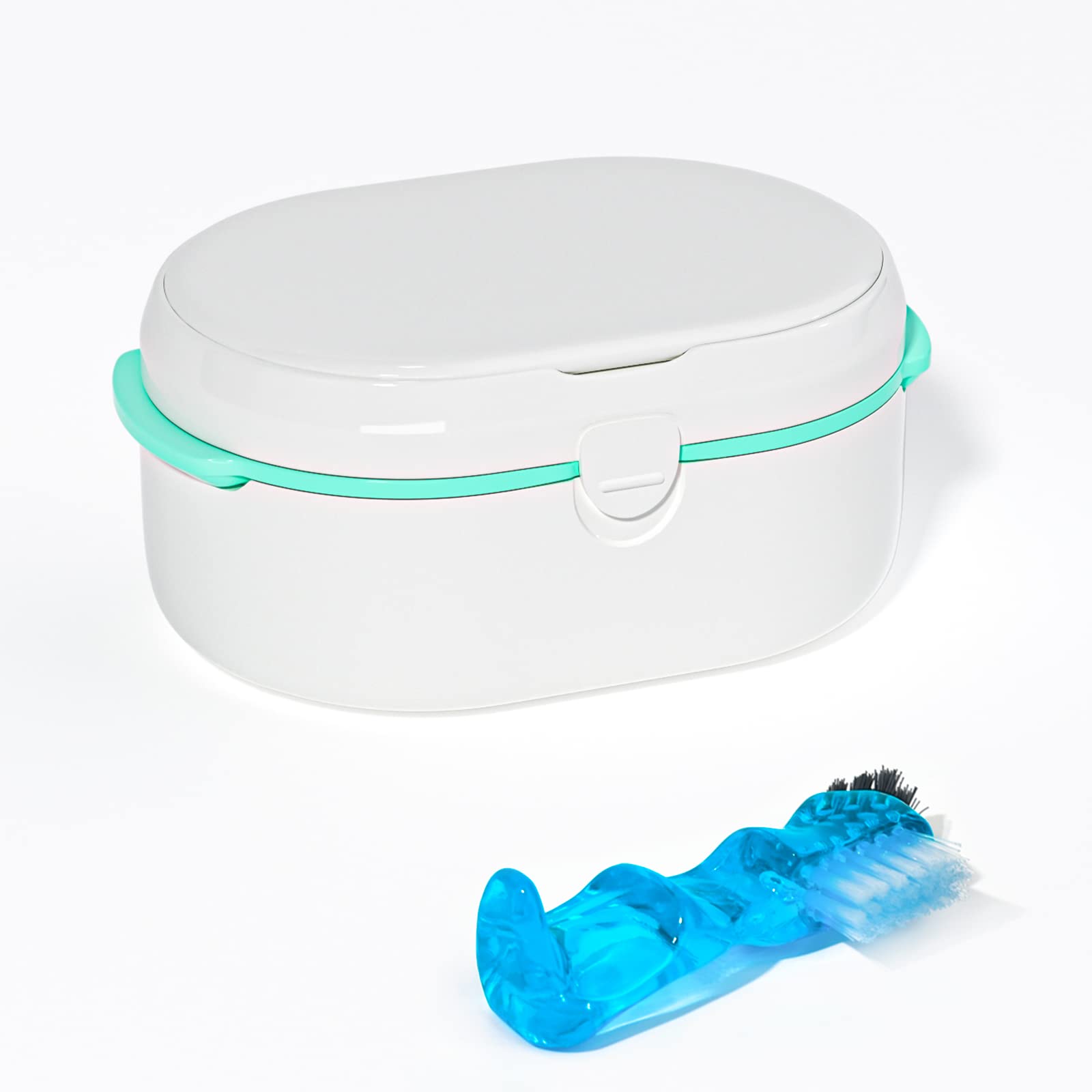 Denture Bath Box and Denture Brush Denture&Retainer Set, Denture Case with Mirror (White)