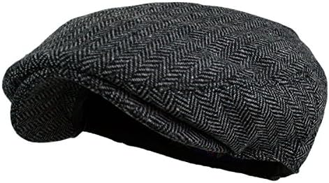 Men's Herringbone Tweed Wool Blend Snap Front Newsboy Hat (Dark Grey, L/XL)