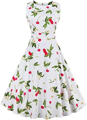 Women's Vintage Sleeveless 1950's Floral Spring Garden Party Picnic Swing Dress, Cherry White, 2XL