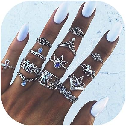 Amxuelm 13 Pcs Vintage Women Mid Ring Set Flower Horse Rhinestone Joint Knuckle Nail Midi Ring Set