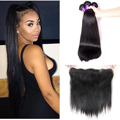 Remy Human Hair Straight Lace Frontal with Bundles Brazilian Virgin Lace Front Human Hair for Black Women Wavy with Baby Hair Bleached Knots Natural Hairline 22" 24" 26" + 18"