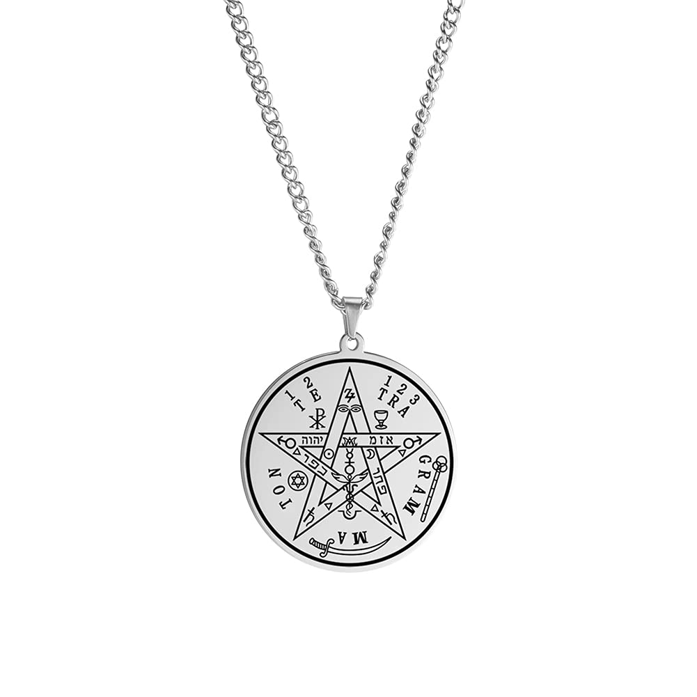Dreamtimes Vintage Tetragrammaton Pendant Necklace Wahyeh Magical Blessed Pentagram of Solomon Amulet Stainless Steel Necklace Viking jewelry for women and men (Silver)