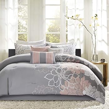 Madison Park Lola, Floral, Flowers - 6 Pieces Bedding Sets Sateen, Cotton Poly Crossweave Bedroom Comforters, Queen, Grey/Blush
