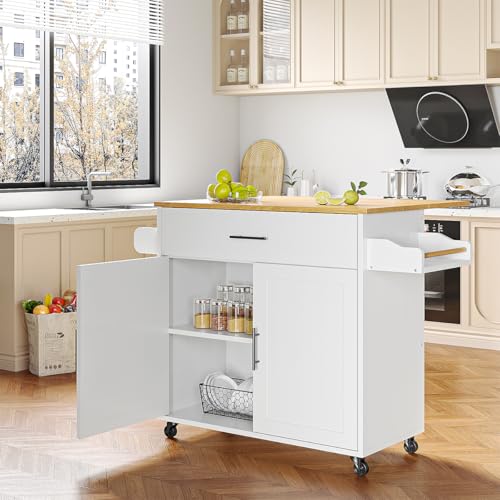 SIMPLE ESPACIO Isla de Cocina Móvil Multifuncional con Ruedas - Abatible,Organizador Integrado Gabinetes,Cajones,Especiero,Toallero Mesa Auxiliar,Almacenamiento Compacto Color de Relieve Blanco