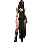Aucute Women Goth Sheer Dress, Mock Neck Sleeveless Rave High Slit Dress with Hooded, EDM Music Festival Outfits