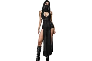 Aucute Women Goth Sheer Dress, Mock Neck Sleeveless Rave High Slit Dress with Hooded, EDM Music Festival Outfits
