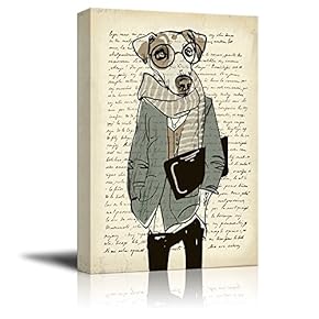 Creative Animal Figure on Vintage Paper Canvas Wall Art - Mr Dog Wearing Glasses - Giclee Print Gallery Wrap Modern Home Art Ready to Hang - 12x18 inches