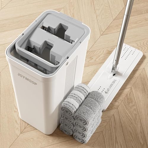 JOYMOOP Wischmopp und Eimer mit Auswringer-Set, Flacher Bodenwischer und Eimer, mit 8 Mikrofaser-Pads und verlängertem Griff, nasse und trockene Verwe