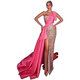 Sequin Sparkly Mermaid Prom Dresses One Shoulder Satin Long Sexy Slit Formal Evening Party Gowns with Train 2023