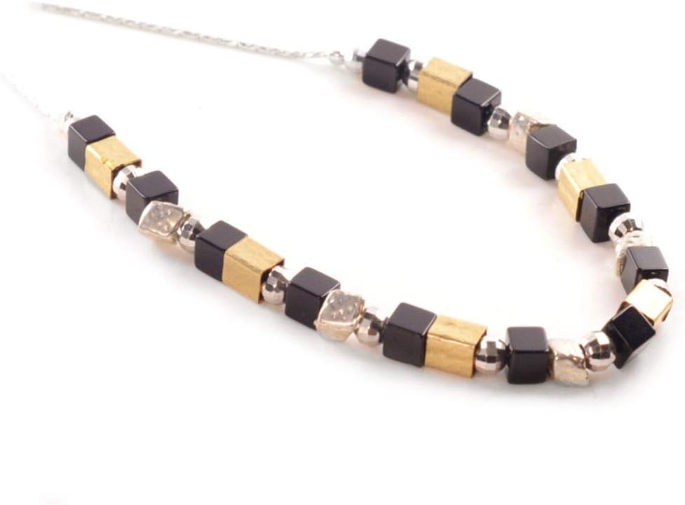 Online Sale Exclusive: Aviv Sterling Silver: Onyx and Gold Bead Silver Necklace (SL161)