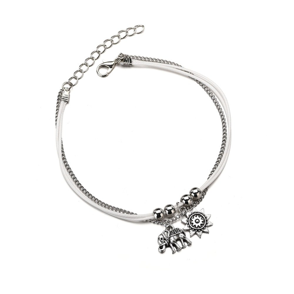 Handcess Boho Layered Anklets Silver Elephant Ankle Bracelets Sun Flowers Weave Foot Chain Jewelry for Women and Girls