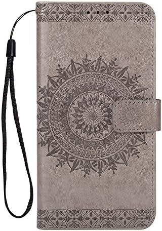 Leather Case Huawei P10 Plus, MAOOY Huawei P10 Plus Shell with Luxury Embossed Floral Painted, Shock Absorption Case with Kickstand Card Holder and Hand Strap for Huawei P10 Plus, Gray