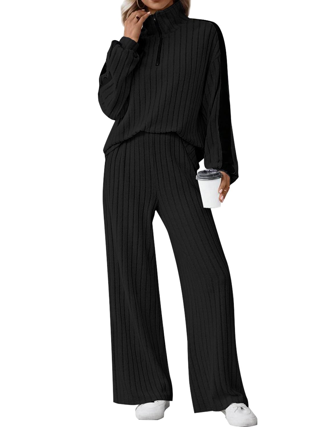 Photo 1 of JUSTFASHIONNOW Womens Sweatsuits 2 Piece Set Two Piece Travel Outfits Half Zip Sweatsuits Long Sleeve Sweatshirt Wide Leg Pants Soft Lounge Sets Winter Tracksuit (Black, Large)