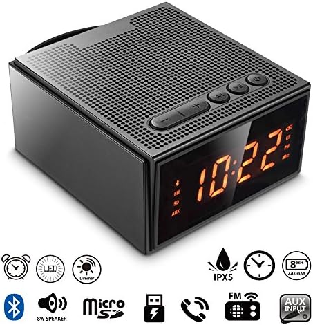 Alarm Clock Radio with Bluetooth Speaker - Digital Dimmable Clock Radio with 2 Dual Alarm(Skip Weekend) for Bedroom/Kids,Wake to Micro SD Song/FM Radio,Rechargeable 8W Wireless Speaker V4.2