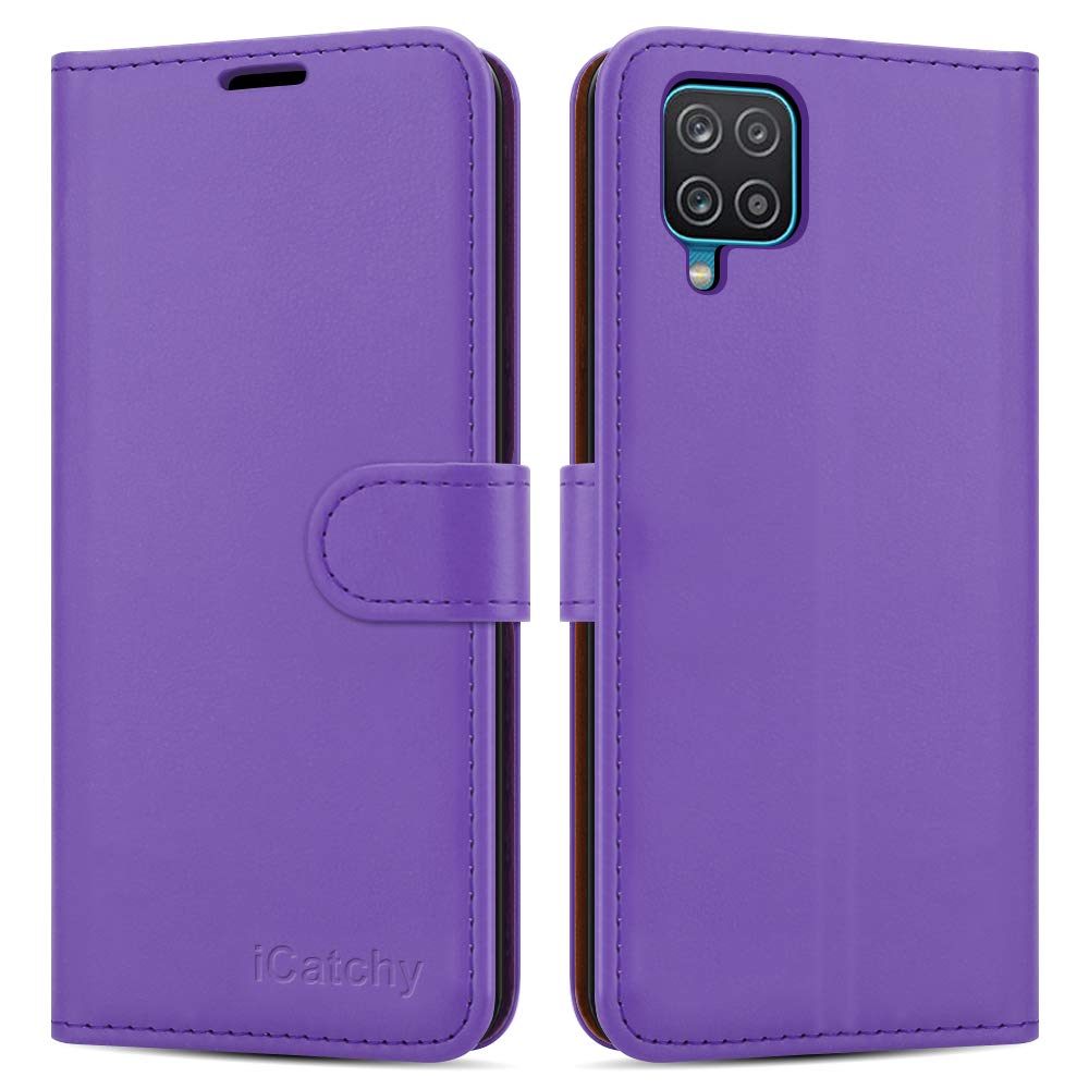 iCatchy For Samsung Galaxy A12 Case Leather Wallet Book Flip Folio Stand View Cover with Card Slots Compatible with Galaxy A12 5G (6.5'') (Purple)