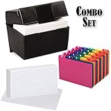 Plastic Index Card Flip Top File Box Holds 300 4x6 Cards, Matte Black, with Poly Card Guides, A-Z, 4x6 -Inch, and Heavy Weight Index Cards, 4" x 6", Ruled, White, 100/Pack (4x6 Inch)