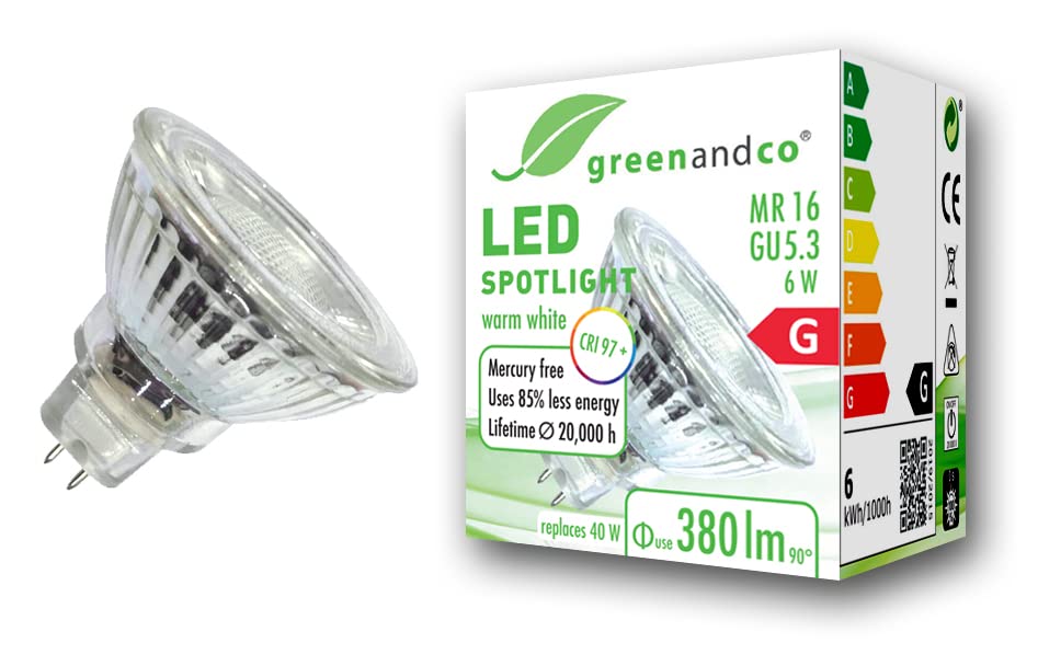 greenandco® CRI 97+ 2700K 36° LED spot Replaces 40 Watt GU5.3 MR16 Halogen Spotlight, 6W 380 Lumen Warm White 12V AC/DC, not dimmable — image 1