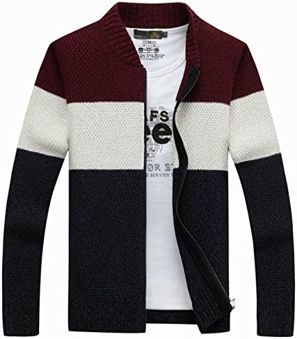 fanhang Men's Slim Fit Knitted Zip Down Cardigan Sweater with Stripe