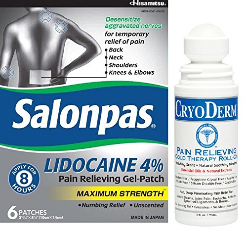 Salonpas LIDOCAINE 4% and CRYODERM 3 oz Roll- On BUNDLE PACK Salonpas Pain Relieving Maximum Strength Gel Patch and Cryoderm Pain Relieving Cold Therapy Roll-On Salonpas LIDOCAINE 4% and CRYODERM 3 oz Roll- On BUNDLE PACK Salonpas Pain Relieving Maximum Strength Gel Patch and Cryoderm Pain Relieving Cold Therapy Roll-On