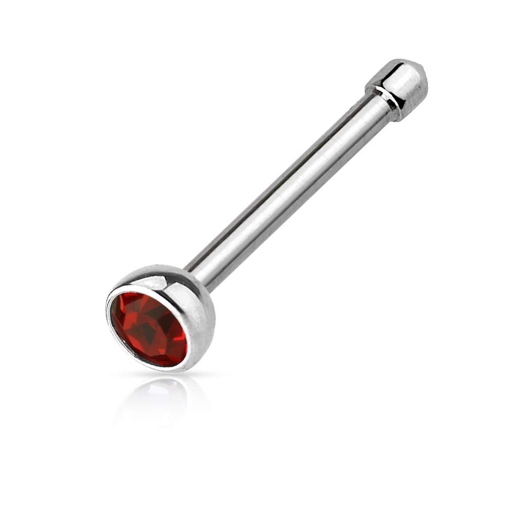 PiercedOff 316L Surgical Steel Nose Bone with Red CZ Gem - Thickness 20GA (0.8mm) / Length 6mm / Gem Size 2mm