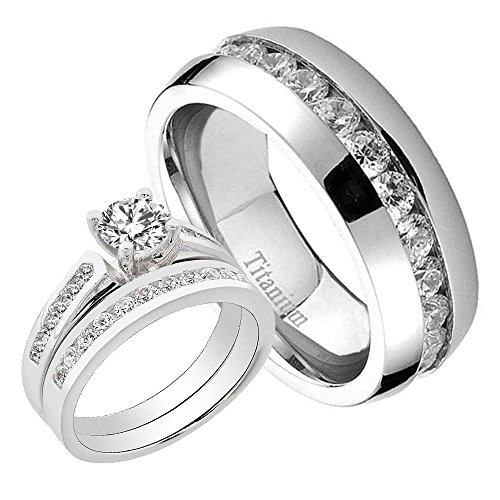 His and Hers 3 pcs Wedding Ring Set 1.4CT Sterling Silver Cubic Zirconia Eternity Dome Titanium Sz6,13