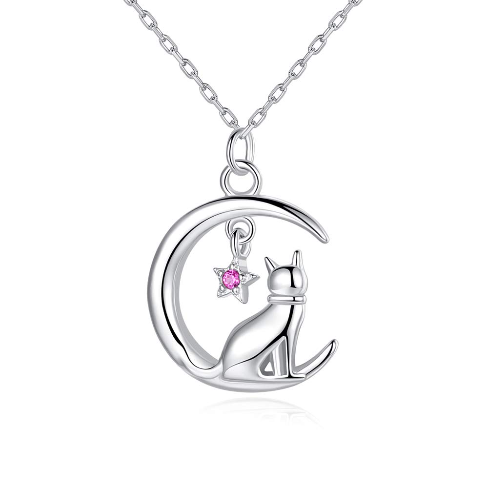 VIKI LYNN Women Girls 925 Sterling Silver Crescent Moon Cat Necklace