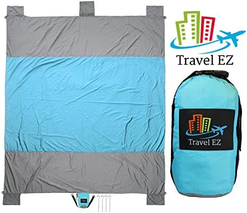 Travel EZ Huge Family Beach Blanket/Picnic Blanket by 9 Feet X 7 Feet - 4 Anchor Loops and Stakes | 4 Sand Anchors - Parachute Nylon - Zipper Pocket for Valuables (Light Blue/Gray)