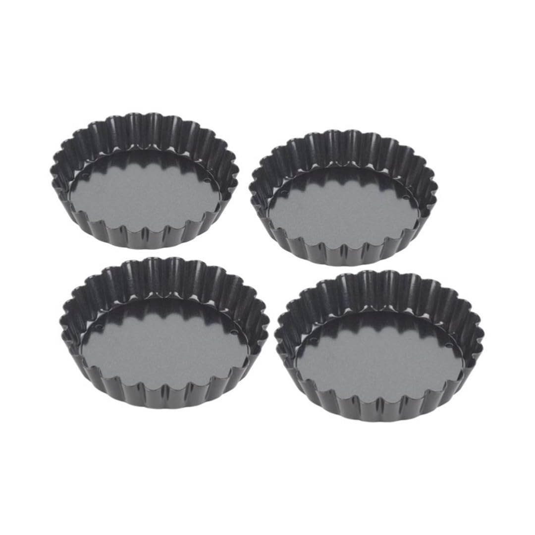 Tala Performance 4 10 cm Dia Fluted Tart Dishes, Professional Gauge Carbon Steel with Eclipse Non-Stick Coating, Loose Base, Perfect for savoury or Sweet tarts, flans, quiches, or Desserts