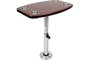 SBPKMARSCT Boat Table, 22"-28" Varnished Adjustable Boat Table Rectangle Marine Tables Solid Wood Marine Tables Freestanding Caravan Desk w/4 Cup Holders&Supporting Rod for Caravan RV Marine Boat