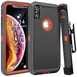 iPhone Xs Max Case,FOGEEK Belt Clip Holster Heavy Duty Kickstand Cover [Support Wireless Charging] [Dust-Proof] [Shockproof] Compatible for Apple iPhone Xs Max [6.5 inch] (Dark Grey/Orange)