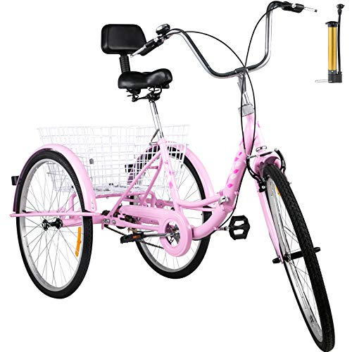 Bkisy Tricycle Adult 24” 1-Speed 3 Wheel Bikes for Adults Three Wheel Bike for Adults Adult Trike Adult Folding Tricycle Foldable Adult Tricycle 3 Wheel Bike Trike for Adults (Pink)