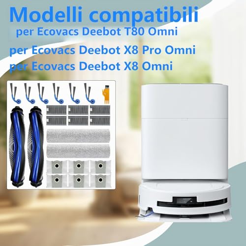 24 Pieces Accessories for Ecovacs Deebot T80 Omni/T80/X8 Pro Omni/X8 Omni, 2 Main Brushes, 2 Mop Cleaning Rollers, 6 Filters, 6 Dust Bags, 6 Side Brushes, 2 Cleaning Tools