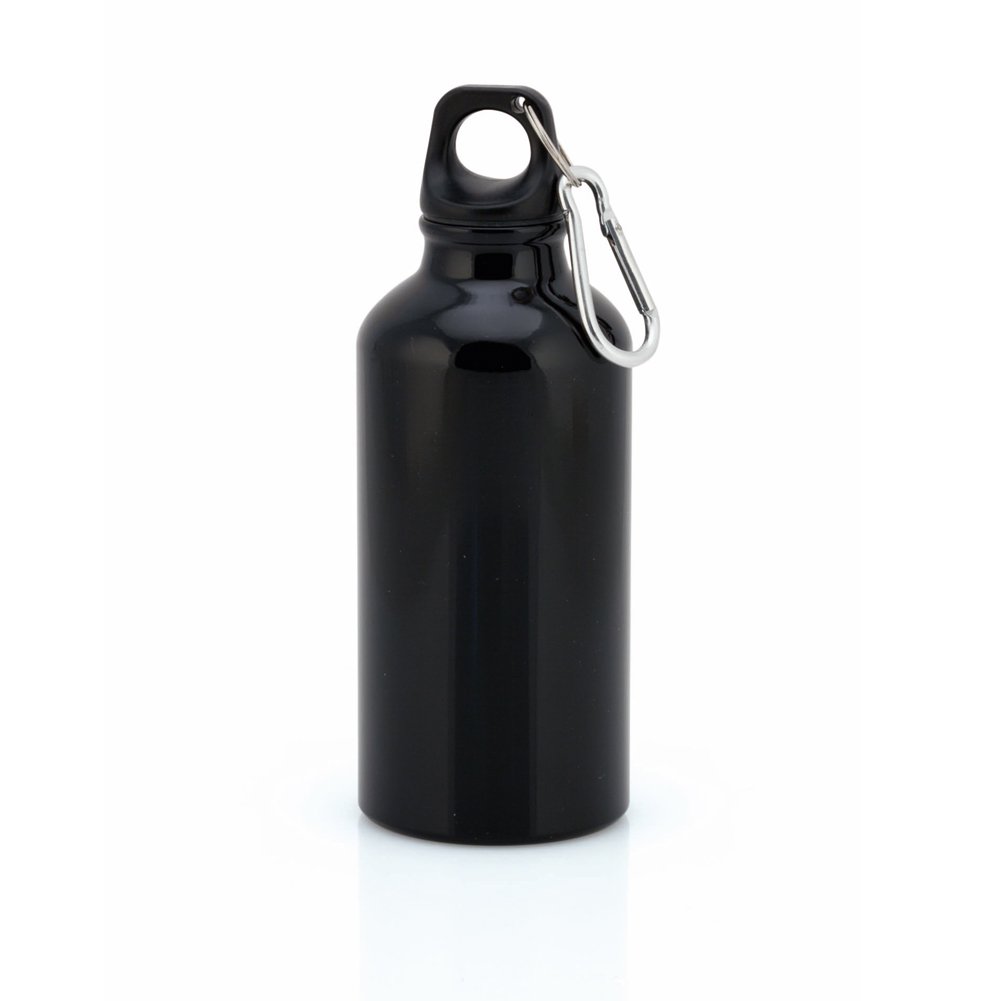 Aluminium Drinking Water Bottle with Screw cap and Carabiner, 400ml (Black) — image 1